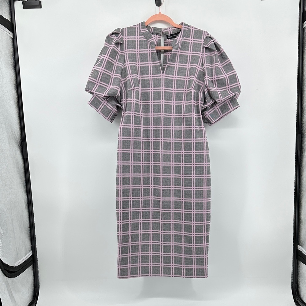 NY&Company Feminine Dark Academia Business Preppy Plaid Puff Sleeve Dress SzM